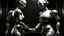 Placeholder: Surrealism.. Create an image featuring two humanoid robots holding hands. One robot should have a shiny light gray finish, while the other should have an opaque dark gray appearance. Both robots have their heads slightly tilted downwards, giving a mechanical and somewhat contemplative look. The setting is minimalistic, focusing on the contrast between the robots' finishes and their human-like connection. Contemporary art.