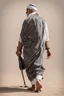 Placeholder: An old man wearing an Arabic keffiyeh, his back bent, walking barefoot, holding his cane upside down, looking back and holding his shoe in his hand.