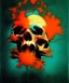 Placeholder: broken realistic skull. black background. smoke and explode. particles in air. teal and orange. abstract. beksinski.