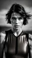 Placeholder: beautiful anorexic young woman, total shot, short shiny anthracite triathlon swimsuit, short brunette wavy bob hair, blurred beach background