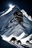 Placeholder: silhouette of a eight legs machine scaling a very steep snow covered side of mout everest at night, it has storage pods on its belly and humans can fit in the pods