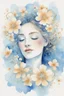 Placeholder: A stunning watercolor of a woman's face (tiny flowers), joyful glow, filigree work. Blue background