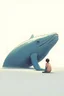 Placeholder: a distance angle of a giany whale and a kid lays on it. illustration.