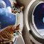 Placeholder: hyper-realistic floating astronaut and cat inside spaceship, cat looking through porthole at milkyway, 8k resolution, high-quality, fine-detail, detailed matte, intricate, 3D octane render, illustration, digital art, brian froud, howard lyon, anna dittman, greg rutowski,