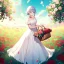 Placeholder: gorgeous anime girl wearing a yellow and white dress ,standing in a meadow of flowers, spreading rose pedals on the ground. beautiful eyes and a stunning smile, blue eyes, two blue eyes, perfect nose and rosy cheeks and red lips. girl is holding a basket with flowers in it