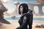 Placeholder: Photorealistic woman with black hair in a futuristic space suit, looking over a sandy beach, sci-fi buildings, arches, bridges, trees, flying mushrooms with tentacles