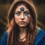 Placeholder: Blue eyed traditional pagan woman with with runes and nature