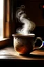 Placeholder: A steaming cup of tea, with swirling patterns of steam rising from the surface, set against a backdrop of a cozy, rustic kitchen.