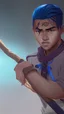 Placeholder: A young male water genasi with deep blue skin color, water shape dred hair on head. Shaolin monk with long stick weapon, kung fu master, martial art