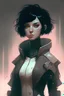 Placeholder: Cyberpunk netrunner, black hair, short hair, cybernetic eyes, standing in mists, Female, dark art, Ivory Peach skin, cute