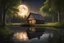 Placeholder: rustic Barn on banks of a still pond in a forest, harvest moon, stunningly reflective, photorealistic, amazing details, HD, volumetric natural lighting, concept art, beautiful, scenic