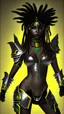 Placeholder: A woman has dark skin, yellow eyes and black dreads. Her face show her superiority in the eyes of others. She is dressed in a steel armor with a few pieces of yellow and green fabric sticking out.