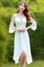 Placeholder: full shot body of Woman portrait with fairly pale skin , green eyes, long auburn hair, and wearing a pretty lace dress . Her outfit is a sexy dress , nice sport shoes. country side ,small lake with a hose in side,