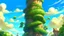 Placeholder: Fantasy digital illustration: huge, tall, colossal beanstalk. The top of the beanstalk is in the sky!