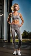 Placeholder: photography of a beautiful anorexic woman, grey satin sports bra, sports illustrated, blond short wavy bob haircut, pronounced sternum, grey running leggins