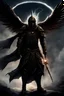 Placeholder: a man coiled in armour as if made by scaled wings, a long staff in hand with strange runes scratched in its surface. His face is obscured by a mouth guard like from a helmet, his large wings as if shaped by the hurricane itself rising from his back, a large orb of darkened energy is in his free hand as he has it raised into the air as if summoning a large black whole or a devastating storm.