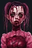 Placeholder: full color, illustration of a darkred and pink tones, menacing, Singer Melanie Martinez face, as a decayed, broken, skin turned translucent, black veins that extended like roots beneath her skin, latex suit, crude homemade cloth doll toy, with a narrow cracked porcelain face, thick dark eyebrows, hair in two gradually, made from ragged strips of cloth, in the style of Alex Pardee, Tim Burton, and Nadya Sheremet