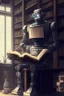 Placeholder: A huge library is serviced by computers, and there are many books on the shelves. The robot is sitting on a chair at the table and holding an antique book in his hands. Expression. High-quality drawing, 8K