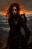 Placeholder: A formidable warrior girl in black armor, on the background Amazing gloomy landscape, flooded with sunset, mountains, trees, fabulous scary hero, , juicy emotions, painting, dark fantasy, gloomy day, dark world, portrait, Gothic Town At Night, Fantasy, Intricate Details, Castle Courtyard Gardens, Hyper Detailed, Jean Baptiste Monge, Carne Griffiths, Michael Garmash, Seb Mckinnon, Masterpiece