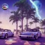 Placeholder: 1980's aesthetic vaporwave palm trees and spheres and Porsche with lightning