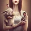 Placeholder: a cute smiling girl holding her bunny, tattoo in her face, michelangelo oil painting, steam punk, scary, horror, realistic, made in octane, cinematic, ultra-realistic, extremely detailed octane rendering, 8K, VRAY Super Real ar 2:3, dof photorealistic futuristic 50mm lens hard lighting dark gray tintype photograph, realistic lighting, sephia colors