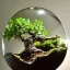 Placeholder: exquisite bonsai terrarium in a glass orb, petrified wood, pebbles, dewdrops, warm lighting, linen backdrop