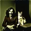 Placeholder: Awkward portrait Photo, 40 years old sitting on chair, weird smiling, long 1970 hair and mustasch, polaroid camera, holding a cat