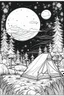 Placeholder: A campsite under a starry night sky, with a crackling campfire and a cozy tent, represents the freedom of simplicity and outdoor living..coloring book page, simple and clean line art, adult drawing book, black and white, crisp black lines, no shades, sharp lines, coloring book for adults, cartoon style, landscape