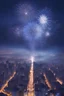 Placeholder: A huge city with blue fireworks over the skyine. beautiful night