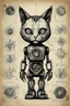 Placeholder: Hand drawn full body illustration by Wayne Reynolds ,old paper with detailed engineering schematics of dark gothpunk cute robotic cat with highly detailed facial features, detailed drawings, cross section, concept sheet sketch, 8k