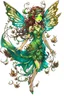 Placeholder: Forest fairy with iridesand teal wings and a cute short leaf dress and pointed ears and multiple vine earings and ear cuffs flying through a mythical forestand brown wavy hair trailing her