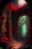 Placeholder: Abandoned Azetc steampunk dungeon room in overrun with vines and red flowers painterly fantasy rpg art