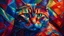 Placeholder: Develop a dynamic and energetic painting of a cat surrounded by a kaleidoscope of colors and abstract shapes, shot on a Fujifilm X-T4, 50mm lens, f/2.0 aperture, in the soft light of dusk, drawing inspiration from impressionist techniques.