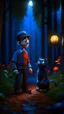 Placeholder: Halloween portrait of postman pat and his creepy cat, full moon, in dark forest grove, down-light, shot on Hasselblad h6d-400c, zeiss prime lens, bokeh like f/0.8, tilt-shift lens 8k, high detail, smooth render, down-light, unreal engine, prize winning