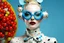 Placeholder: ront portrait photography, transparent porcelain printed with multicolor pop polka dots, pop courreges air hostess cat woman mask with sunglasses, an attractive, 80 degree view, art by sergio lopez, natalie shau, james jean and salvador dali