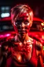 Placeholder: muscular blonde woman, short hair, covered in translucent red slime, standing in front of burning car, creepy lighting, 8k uhd, breathtaking masterpiece, intricate film grain, ultra realistic wallpaper, sharp focus bokeh, studio quality perfectionism, by hellraiser