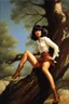 Placeholder: Portrait of Velma Dinkley, long-sleeved blouse, miniskirt, leaning forward against a tree, perfect body, perfect face, perfect eyes, dark hair, glamorous, gorgeous, delicate, romantic, realistic, romanticism, blue tones, Boris Vallejo - daylight Background - blue skies, sunlight - dark, wood panel wall in the background - fire, fog, mist, smoke