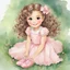 Placeholder: watercolor, full body, different poses, cute smile girl, curly hair, big eyes, long brown hair, pink dress, pink shoes, white backgrownd