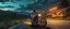 Placeholder: The kebab man driving fast on his holy motorcycle, fire from the exhaust, holy widescreen picture, holy empty road on the holy country at night, comic style, no helmet and he have a long holy black beard, neon kebab signs along the road, jesus stand at his market stand selling holy kebabs, simon stålenhag style
