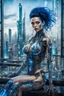 Placeholder: A beautyful transparent glass body biomechanical woman with black-blue hair, sitting in the cyberpunk rooftop bar in futuristic city, intricate details, HDR, beautifully shot, hyperrealistic, sharp focus, 64 megapixels, perfect composition, high contrast, cinematic