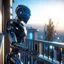 Placeholder: ninja robot on balcony, 8k, down-light, soft light, depth of field, photo realism, trending on art station, high detail