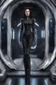 Placeholder: photorealistic slim woman looking like Drusilla with black boots standing at the entrance to a spaceship