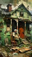 Placeholder: A painting of a poor man siting on a chair in his broken home. The house is surrounded by a very rich neighborhood