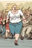 Placeholder: an obese terrified blonde woman running away from an angry mob