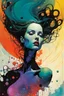 Placeholder: create a wildly abstract and chaotic full body illustration of an amorphous woman with highly detailed facial features utilizing fluid organic shapes, in the comic book art style of Bill Sienkiewicz, Mike Mignola, and Jean Giraud Moebius, finely textured, drawn, colored, and inked