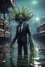 Placeholder: xcom's terror from the deep giger style alien with suit and tie and sea weed crown crawling onto the docks in fallout 4 setting, bokeh, downlight, prize winning, depth of field, in the style of ivo caprino