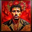 Placeholder: 🔥 PROMPT: A painting of a front-facing man, rendered in a colorful and vividly bold design. The composition features striking patterns in red, gold, and black, set against a deep red background. Floral motifs and folkloric elements are intricately woven into the design, creating a dynamic and visually rich piece. The artwork combines the expressive energy of flower power with folkloric influences, exuding a bold, appropriation art style that is both captivating and culturally vibrant.