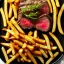 Placeholder: a nice juicy small steak with french fries on a big black plate