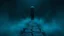 Placeholder: passage over nothingness, surreal, dark and cold abstract artwork dominated by deep blue, icy cyan, charcoal black and muted steel-grey tones. An narrow passageway emerges from an abstract distorted weird landscape, surrounded by thick fog and drifting mist. The space feels nightmare, alien and unsettling, with tiny floating circles and lines geometric forms, black onix column fragmented and unnatural perspectives. At the center of the composition cracked stone way over abyss