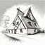 Placeholder: drawing of a 45 degree angle village farm building in the style of art novel